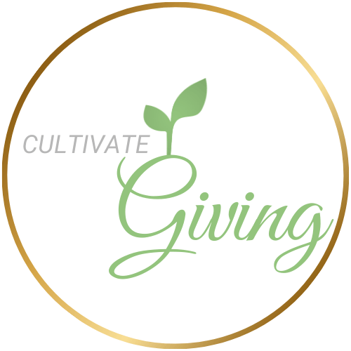 Golden circle around Cultivate Giving with a green leaf sprouting from the capital G